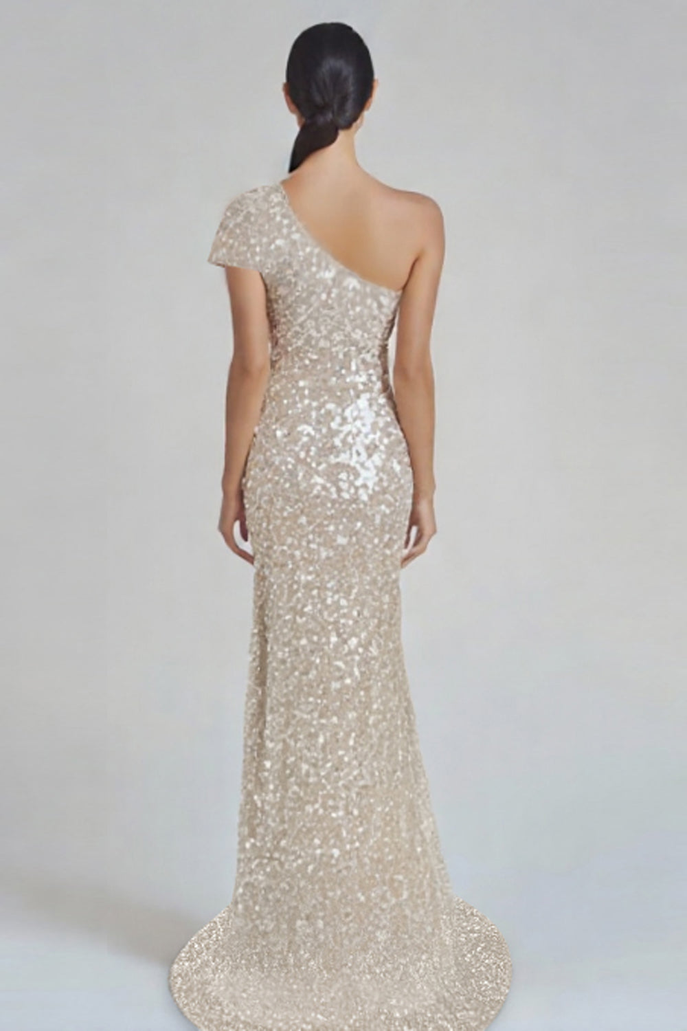 Robe formelle sirène champagne scintillante à une épaule avec paillettes