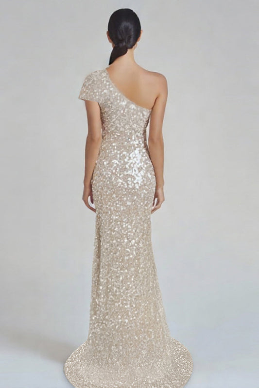 Robe formelle sirène champagne scintillante à une épaule avec paillettes