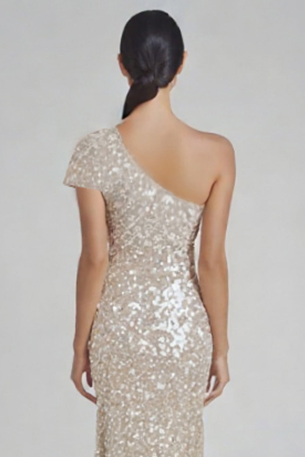 Robe formelle sirène champagne scintillante à une épaule avec paillettes