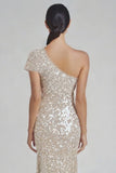 Robe formelle sirène champagne scintillante à une épaule avec paillettes