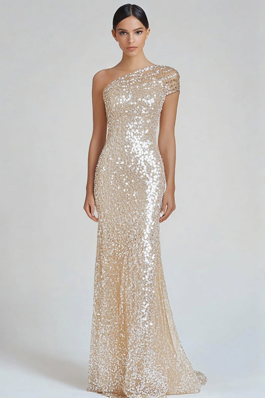 Robe formelle sirène champagne scintillante à une épaule avec paillettes