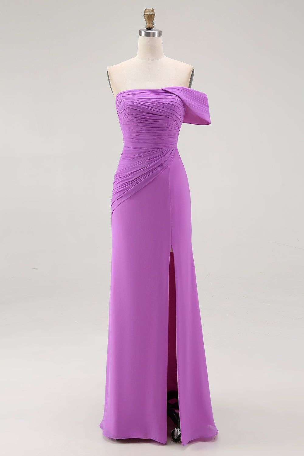 Robe longue formelle sirène violette à épaules dénudées avec fente