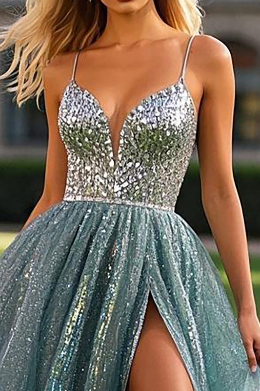 Tulle perlé Une ligne Robe de bal bleu poussiéreux avec fente