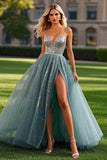 Tulle perlé Une ligne Robe de bal bleu poussiéreux avec fente