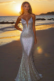 Robe longue formelle sirène dos nu argentée scintillante