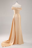 Robe formelle en satin champagne à une épaule avec ceinture