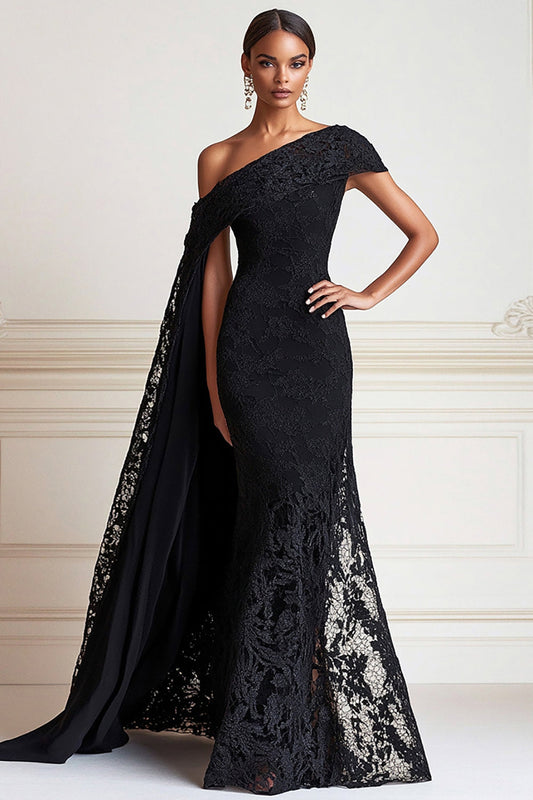 Sirène noire une épaule dentelle longue mère de la mariée robe avec cape d’épaule latérale