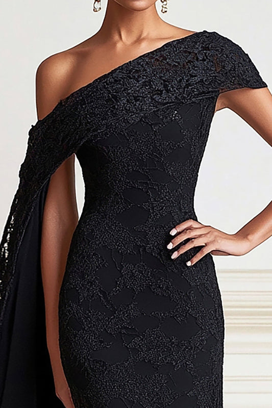Sirène noire une épaule dentelle longue mère de la mariée robe avec cape d’épaule latérale