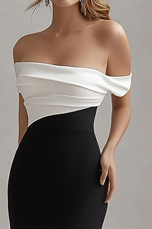Robe cravate noire fourreau en satin mat à épaules dénudées