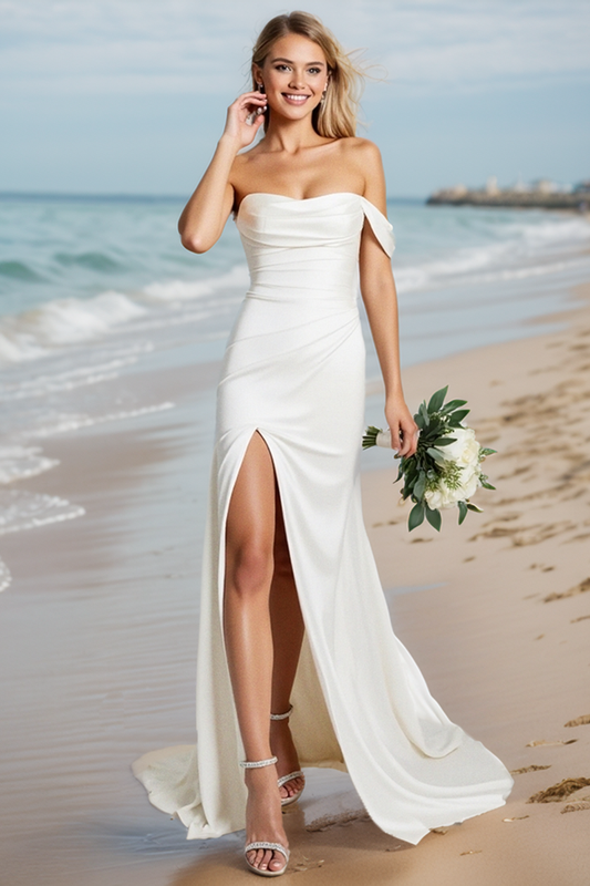 Robe de mariée sirène ivoire à épaules dénudées avec fente