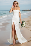 Robe de mariée sirène ivoire à épaules dénudées avec fente