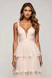 Robe longue de bal en tulle à volants à col en V rose bonbon