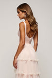 Robe longue de bal en tulle à volants à col en V rose bonbon