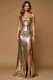 Robe de bal Sirène Or Métallisé avec Fente