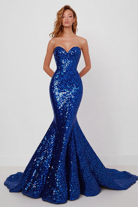 Sweetheart scintillant Robe de bal longue sirène bleu royal