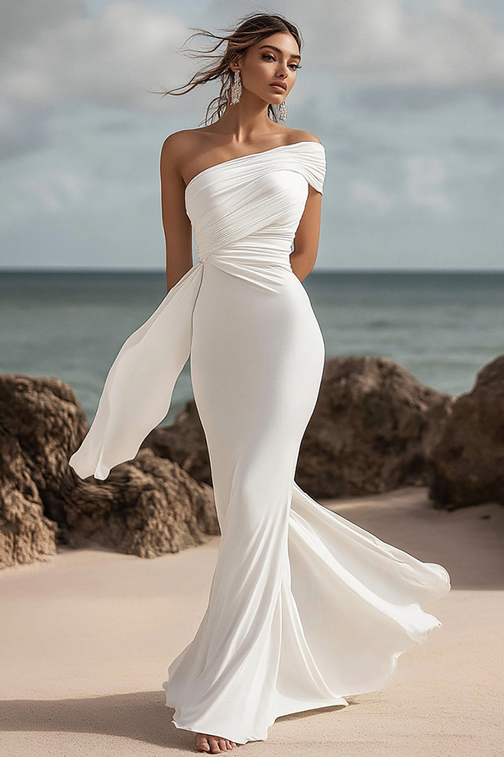 Robe de mariée blanche en mousseline de soie sirène à une épaule