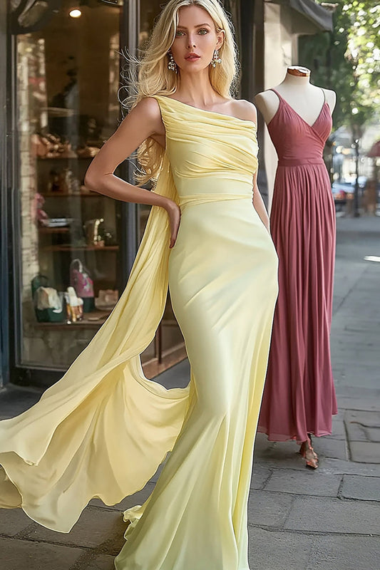 Robe de bal sirène jonquille à une épaule avec banderole