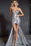 Robe de bal sirène sirène argentée à paillettes