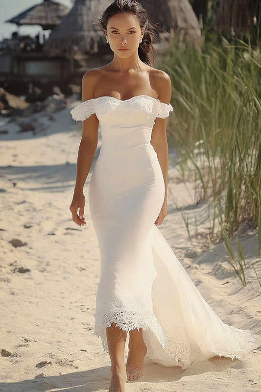 Robe de fiançailles sirène blanche à épaules dénudées avec dentelle