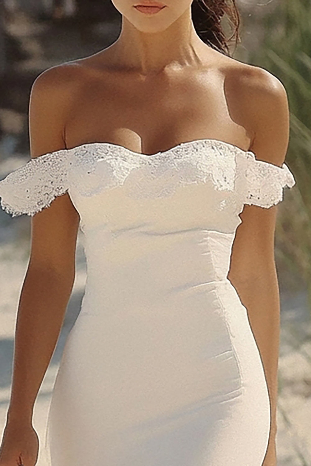 Robe de fiançailles sirène blanche à épaules dénudées avec dentelle