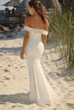 Robe de fiançailles sirène blanche à épaules dénudées avec dentelle