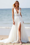 Robe de mariée de plage blanche à applique en applique avec fente