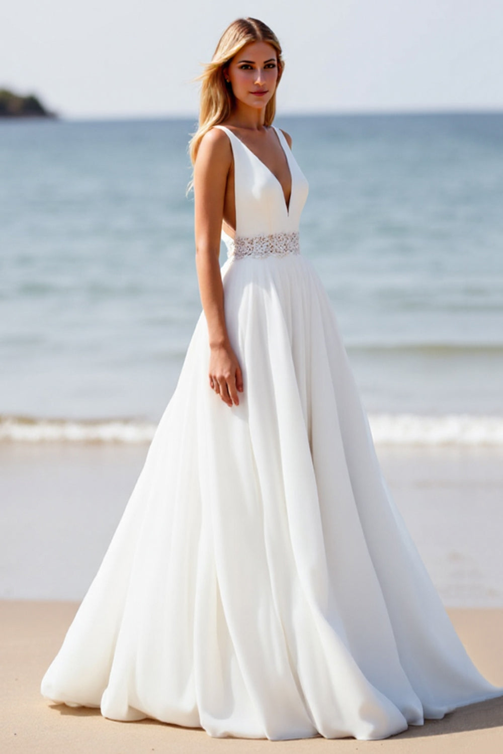 Robe de mariée de plage blanche à applique en applique avec fente