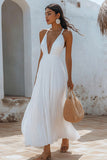Robe longue de fête de Noël plissée blanche à col en V