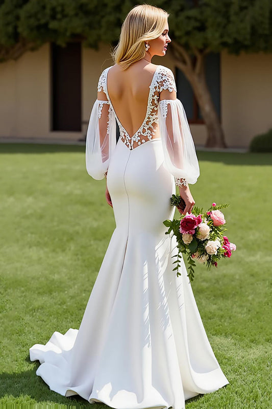Robe de mariée sirène appliquée à col en V ivoire