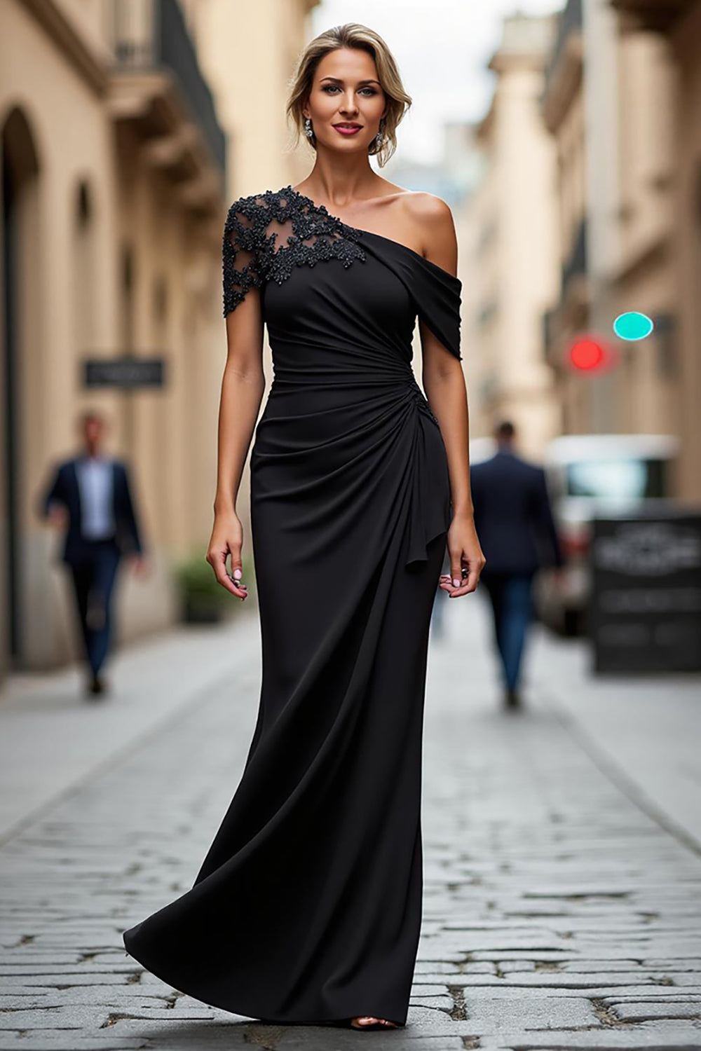 Une épaule sirène noire appliquée mère de la mariée robe