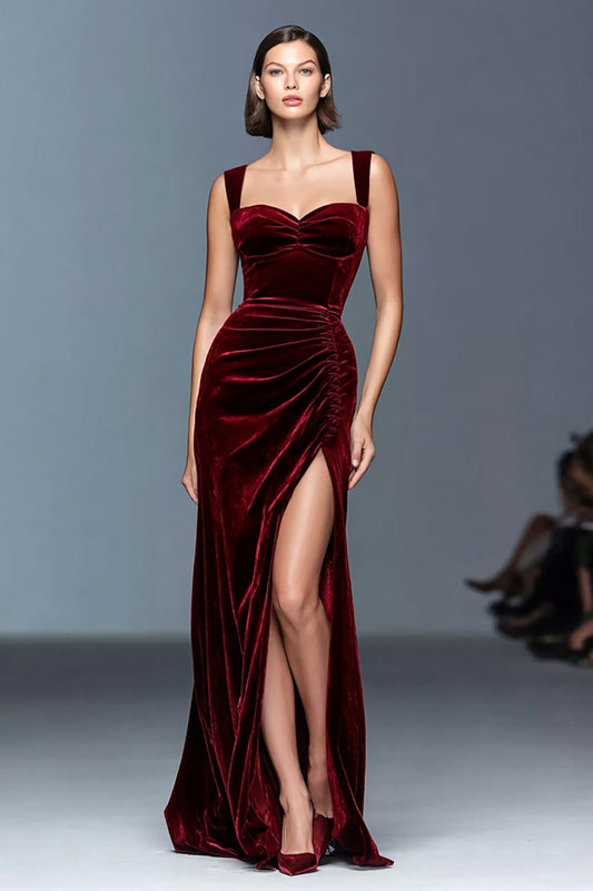 Robe longue formelle trapèze en velours trapèze froncé