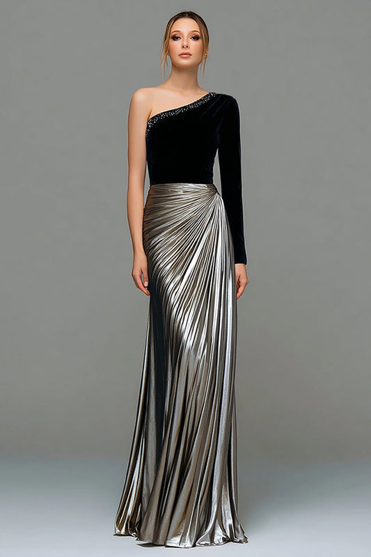 Noir et gris A-ligne une épaule en satin métallisé Robe formelle