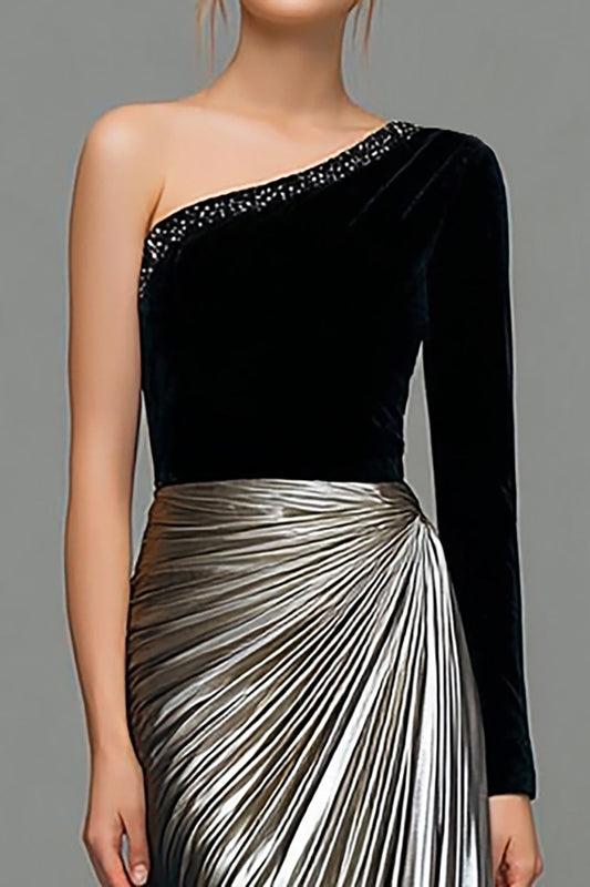 Noir et gris A-ligne une épaule en satin métallisé Robe formelle