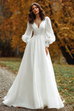 Robe de mariée simple à col en V trapèze à manches longues ivoire