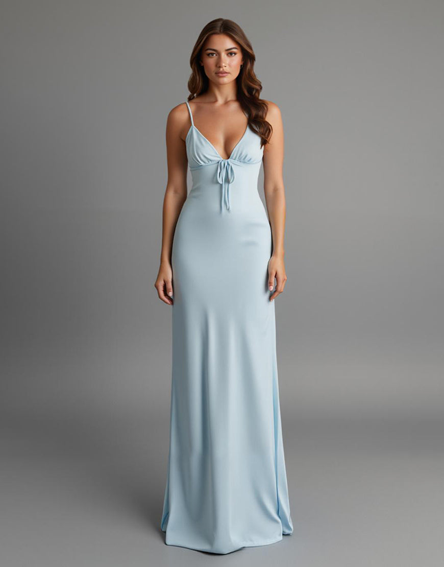 Robe de soirée longue à bretelles spaghetti en satin bleu ciel