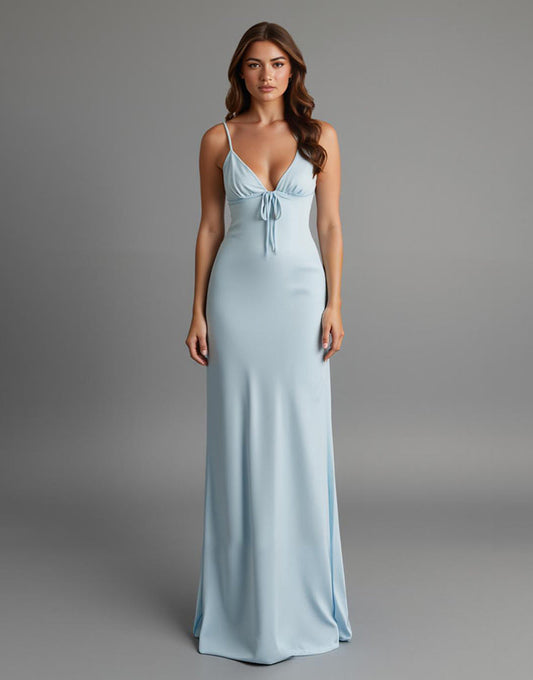 Robe de soirée longue à bretelles spaghetti en satin bleu ciel
