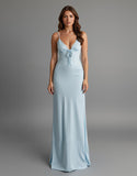 Robe de soirée longue à bretelles spaghetti en satin bleu ciel