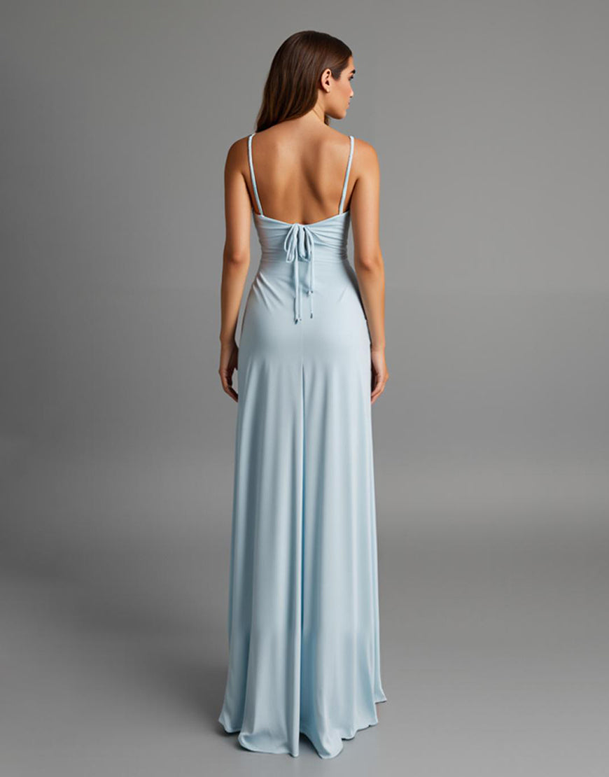 Robe de soirée longue à bretelles spaghetti en satin bleu ciel