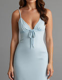 Robe de soirée longue à bretelles spaghetti en satin bleu ciel