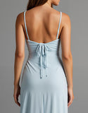 Robe de soirée longue à bretelles spaghetti en satin bleu ciel