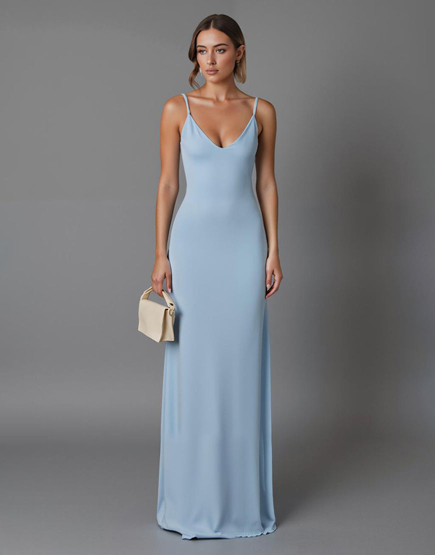 Robe de soirée longue simple en satin bleu ciel à bretelles spaghetti