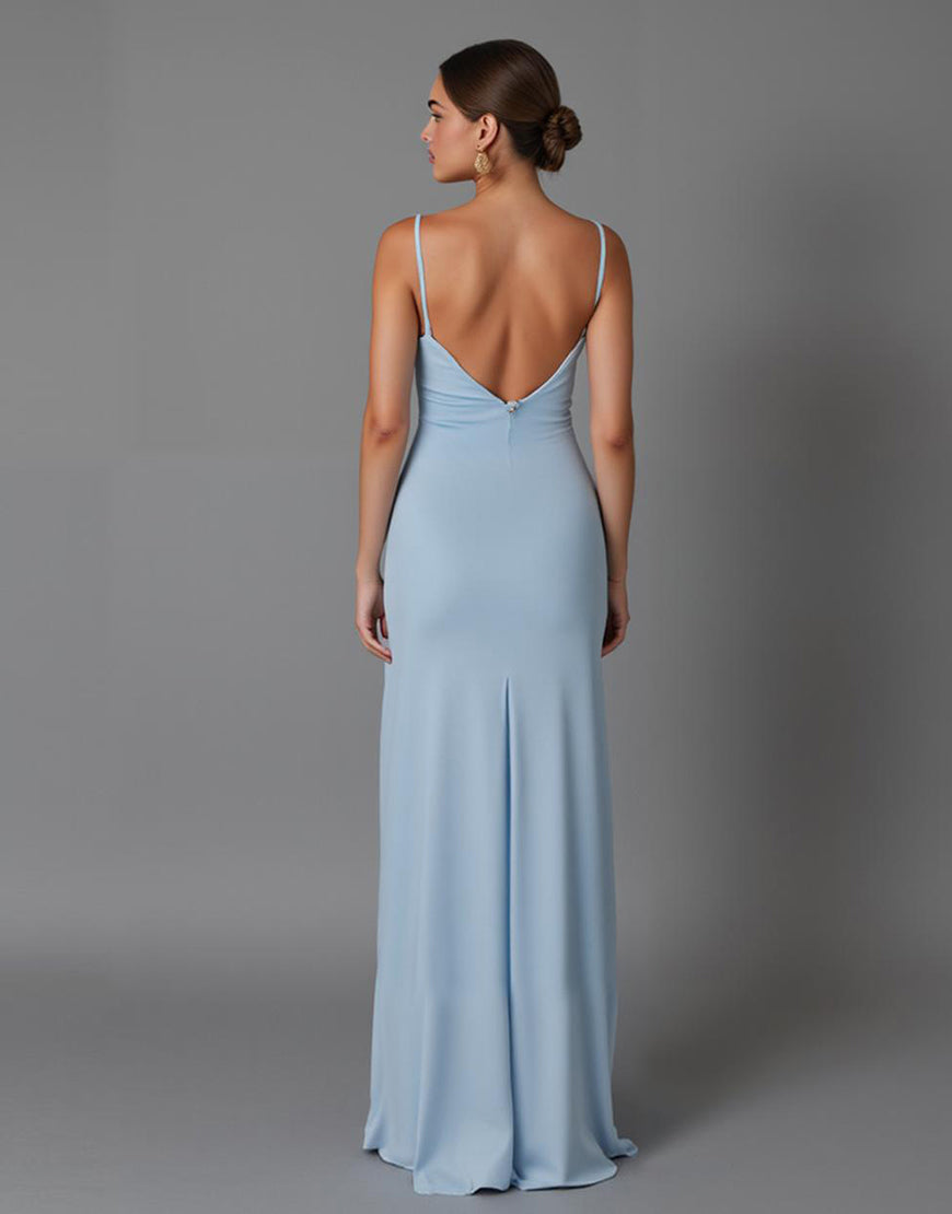 Robe de soirée longue simple en satin bleu ciel à bretelles spaghetti