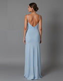 Robe de soirée longue simple en satin bleu ciel à bretelles spaghetti