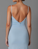 Robe de soirée longue simple en satin bleu ciel à bretelles spaghetti