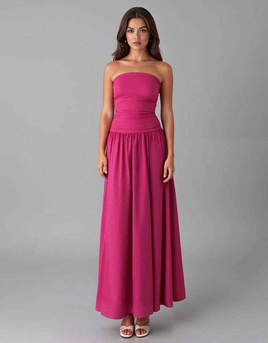Simple Fuchsia Mousseline De Soie Sans Bretelles Une Robe De Soirée Trapèze