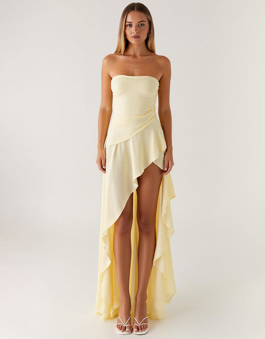 Robe formelle bustier en mousseline de soie à volants jonquille haut-bas