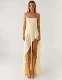 Robe formelle bustier en mousseline de soie à volants jonquille haut-bas