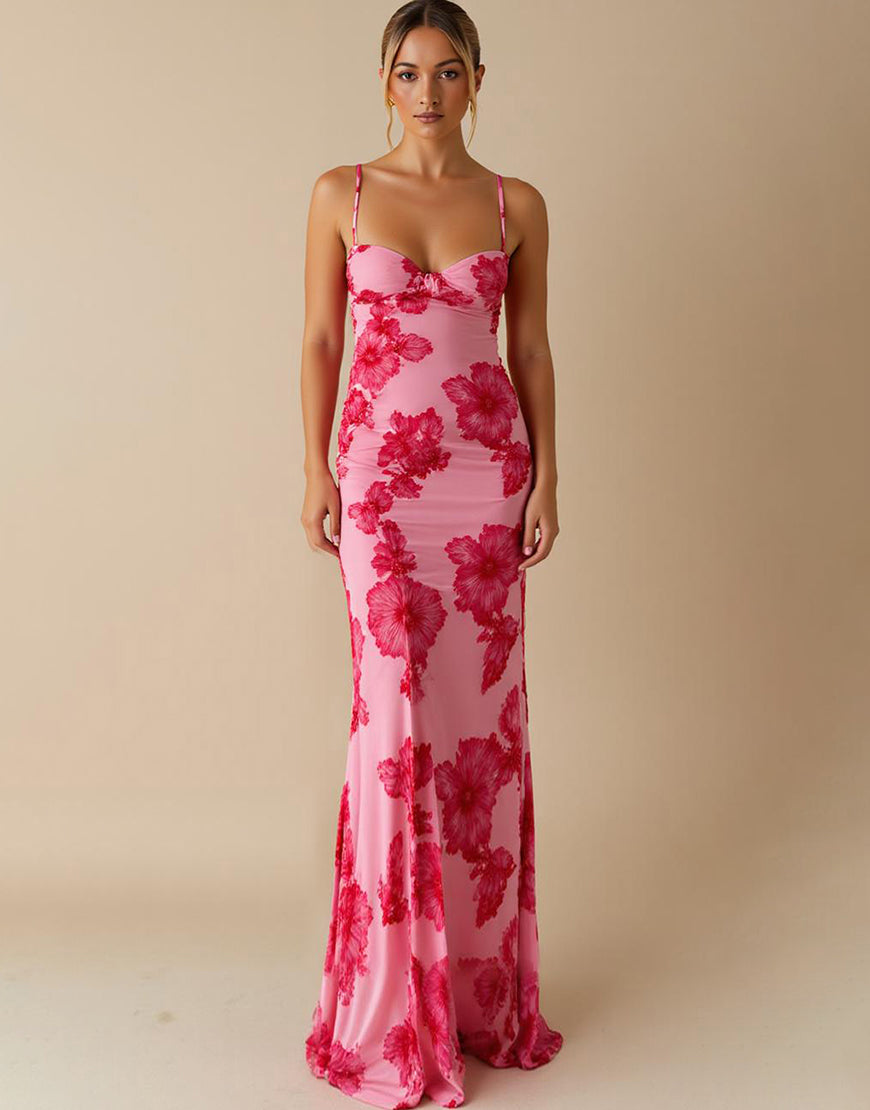 Robe de soirée longue à bretelles spaghetti rose clair imprimée en mousseline de soie