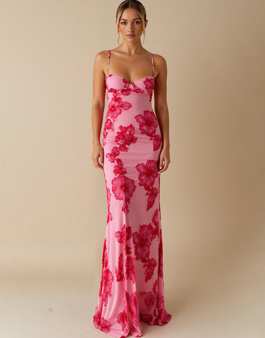 Robe de soirée longue à bretelles spaghetti rose clair imprimée en mousseline de soie