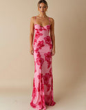Robe de soirée longue à bretelles spaghetti rose clair imprimée en mousseline de soie